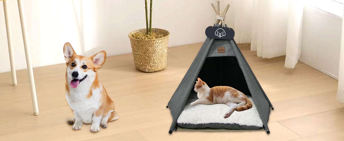 Намет для тварин Tipi з двостороннім подушкою. Будиночок для собак/кішок, кроликів, хом'яків. Знімний та миючий. 50x50x60 см, сірий.