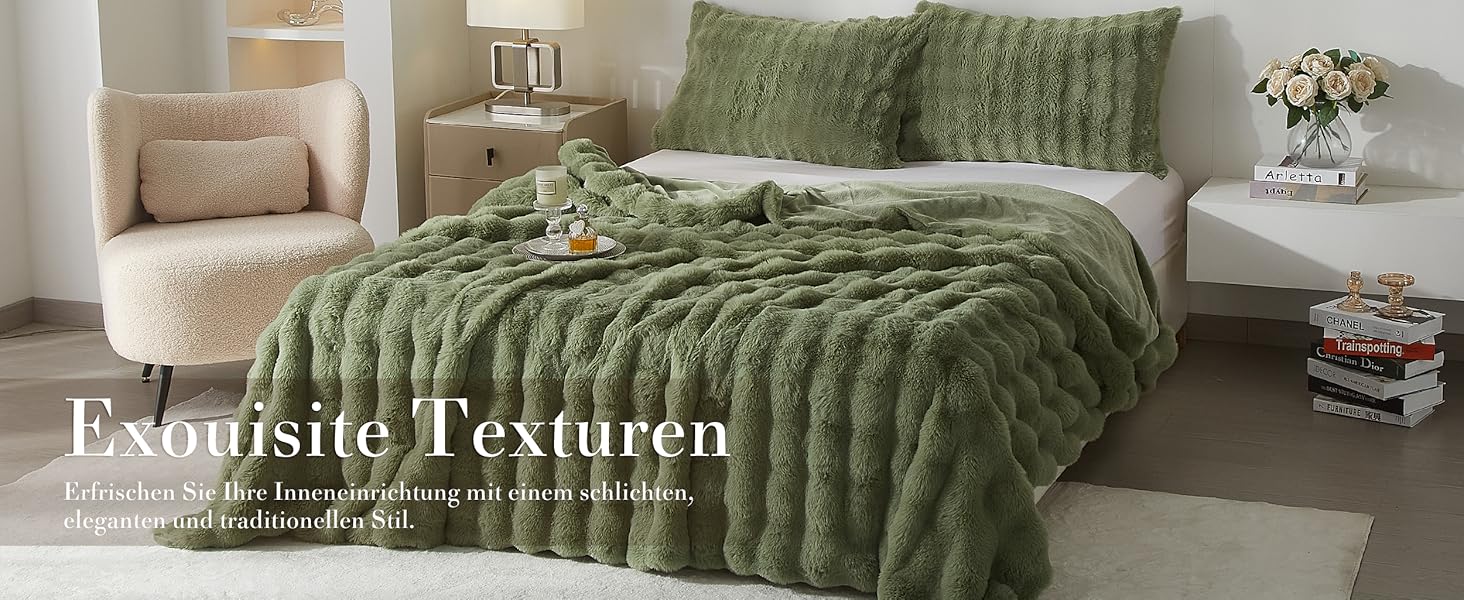 М'яка плюшева ковдра Luofanfei 180x200 см, салатово-кремовий колір, з ефектом 