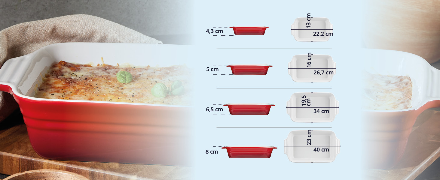 Форма для запікання KHG середнього розміру 34 см, 1,75 л, червона, для 3-4 осіб. Прямокутна керамічна форма для запікання з каменю, стійка до подряпин. Підходить для лазаньї, тірамісу та інших запечених страв. 1 шт. (34 см)