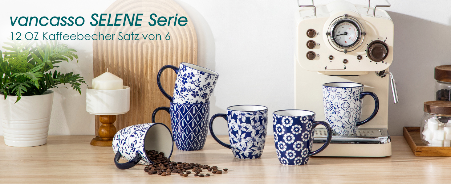 Набір кавових чашок з блюдцями Vancasso Cappuccino SELENE 6шт, 240мл, блакитно-білий вінтаж, порцеляна, для мікрохвильовки та посудомийної машини