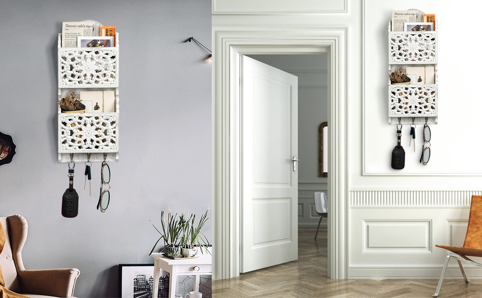 Дерев'яний органайзер для ключів з поличкою та відділенням для листів, крейдяною дошкою та 8 гачками, настінний (античний)