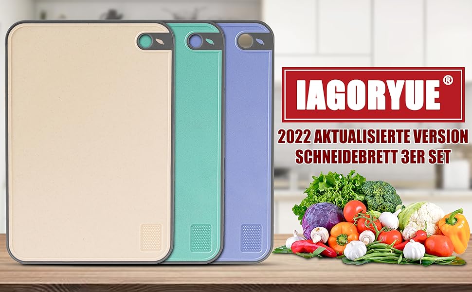 Набір з 3 дерев'яних обробних дощок для кухні, великі, антибактеріальні, з канавкою для соку, стійкі до ковзання, для овочів/фруктів/м'яса, бежевого, зеленого та темно-синього кольорів