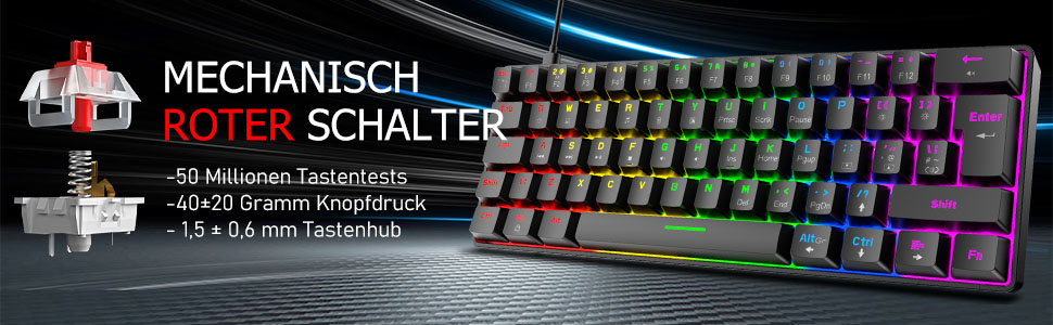 Ігрова клавіатура та миша UK-Layout з підсвічуванням RGB, 62 клавіші, механічна, 6400 DPI (чорний/червоний перемикач)