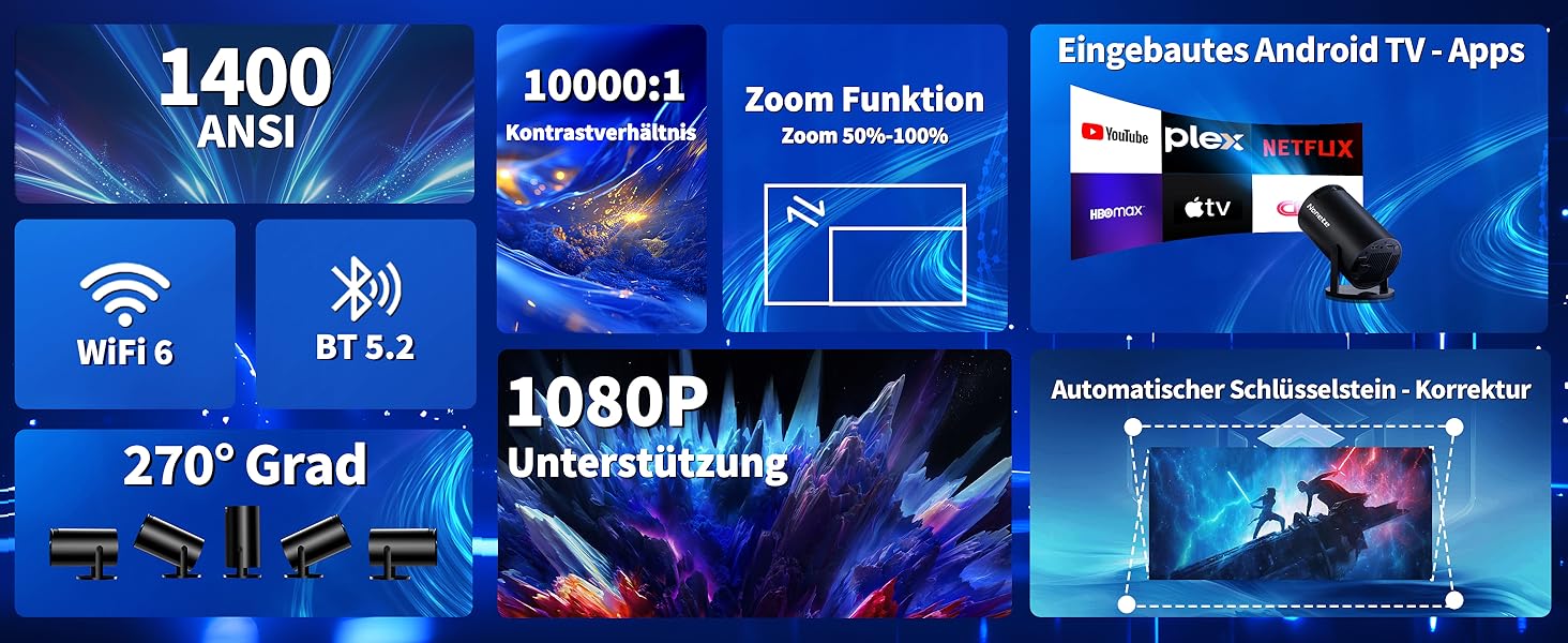 Портативний проєктор Mini Beamer 4K з WiFi 6, Bluetooth 5.2 та Android, 1080P Full HD, автоматична корекція трапеції, підтримка PC/HDMI/USB, з пультом та мишкою, чорний