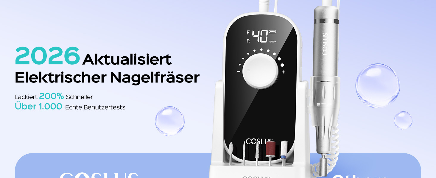 Електрична машинка для манікюру COSLUS 40000 об/хв: професійний набір для догляду за нігтями 6-в-1. Підходить для гелевих та акрилових нігтів, видалення гелю та педикюру. Компактна, тиха, біла.