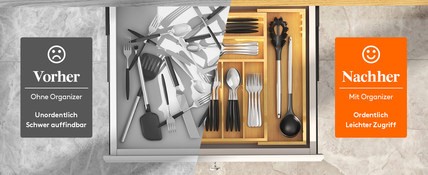 Органайзер для столових приборів Lifewit в шухляду, бамбуковий, 43x31-53x47 см, висувний, для ложок, виделок, ножів