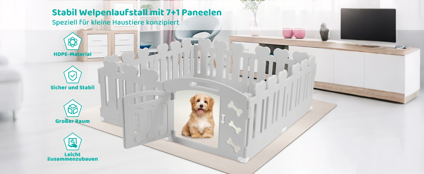 Забіг для цуценят MAMIZO 60 см, вольєр для собак з 7+1 пластикових панелей, сірий. Забіг для собак вдома та на вулиці, з тор, включаючи присоски та ґрунтові анкери.