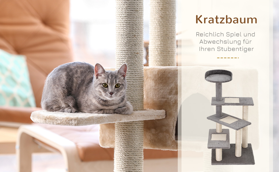 Кігтеточка PawHut для котів 100 см, багатоповерхова, з сизалевих стовпів, велика платформа, для маленьких котів, бежево-сіра