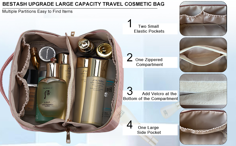 Косметичка для подорожей жіноча з великим відділенням, водонепроникна, з перегородками, органайзер (кремовий персиковий, чорний)