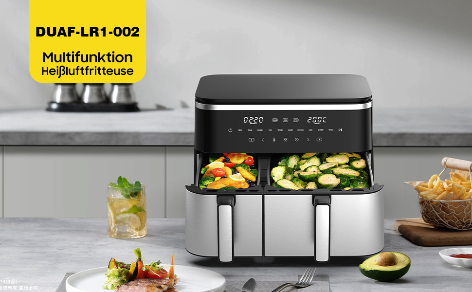 Фритюрниця повітряна подвійна 11л Airfryer, XXL фритюрниця з 2 кошиками, 7л/4л, для основного та гарніру одночасно, 2600W, 10 програм, сенсорний екран, нагадування про струшування