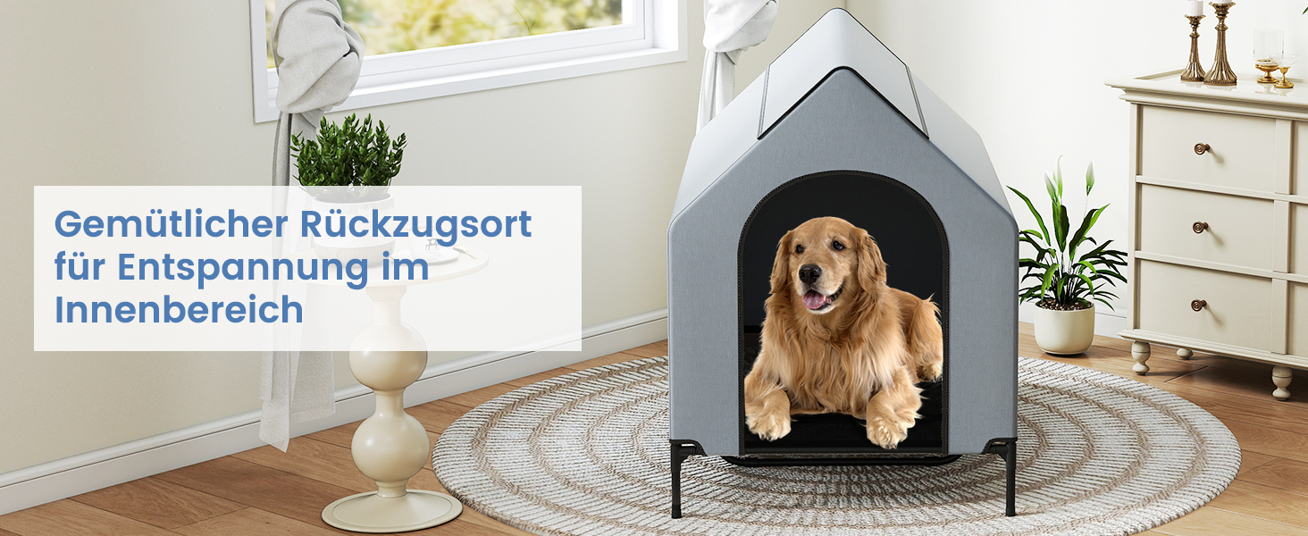 Будка для собак COSTWAY 2 в 1 з піднятим ліжком, Outdoor, сірий Оксфорд (84 x 132 x 114 см)