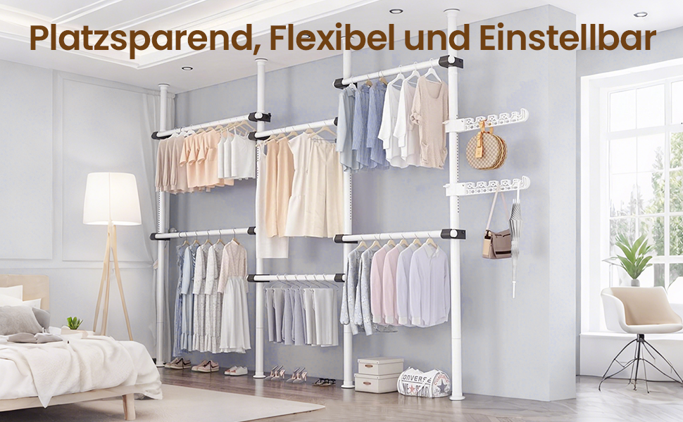 Телескопічна система для гардеробу, штанга для одягу зі 6 штангами, телескопічна шафа для одягу з 2 гачками, регульована полиця 110-300 см, для дому та магазину одягу, білий