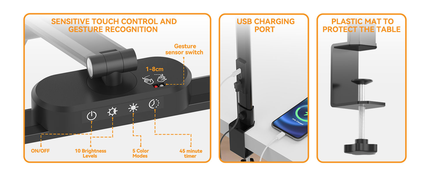 LED лампа для столу Rigors 60 см з двома головками, диммування, 900 лм, денне світло, захист очей, кріплення, 5 кольорів, 10 рівнів яскравості, гнучкий шийка 360°, з адаптером живлення (Th-black)