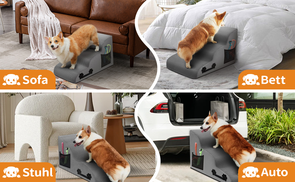 Сходинки для собак, 3 сходинки, з щільного матеріалу, для маленьких собак та котів, знімний чохол, іграшка-канат, легкі та портативні, сірі.