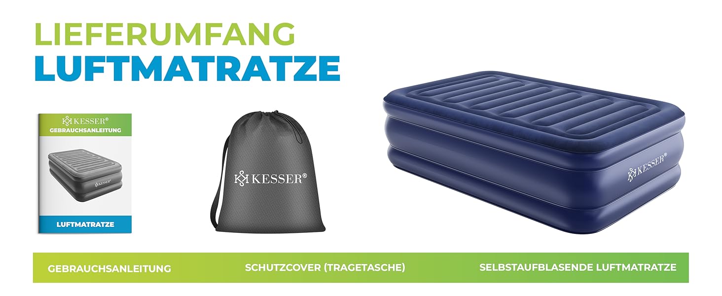 Надувна матрац KESSER® з вбудованим електричним насосом, самонадувна, для гостей, кемпінгу та дому. Матрац для 1 особи, 203 x 95 x 51 см, чорний