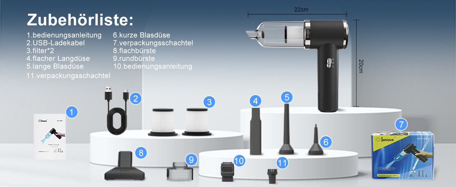 Бездротовий акумуляторний пилосос Handstaubsauger: потужний 12000Pa для дому та авто, 3-в-1 з USB-зарядкою, 5200mAh, видалення шерсті тварин, 2 режими, миючий фільтр та аксесуари