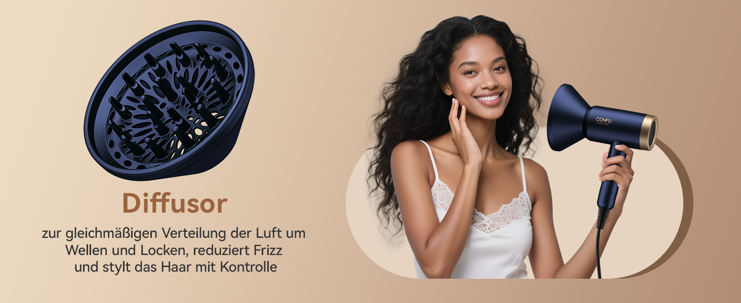 Іонізатор для волосся Föhn, 1800W, з насадкою-дифузором, 3 режими температури, безліч налаштувань швидкості, портативний фен, Marineblau (морський блакитний)