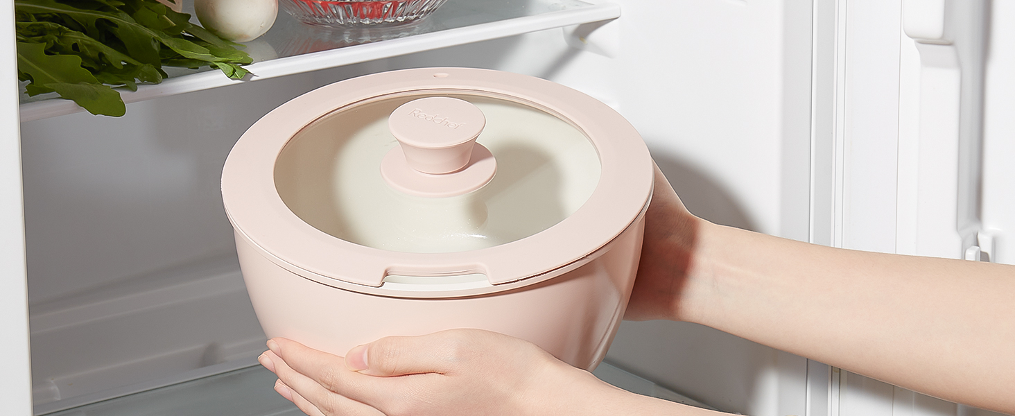 Redchef Ceramic Cookware Set with Detachable Handle, RV Cookware Set for Camping, Ceramic Non-Toxic Pot and Pan Set, PTFE-free, PFAS-free, PFOA-free, Space-Saving, Dishwasher-Safe (5-Piece Pink)