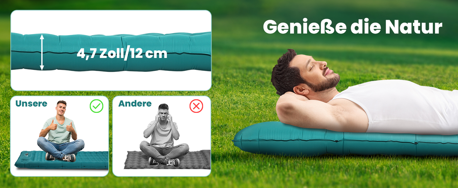 Glymnis Isomatte Camping Air Mattress - 9cm Thick, with Foot Pump & Pillow - Ultralight Outdoor Sleeping Pad for Camping, Hiking, Travel - Army Green/Turquoise