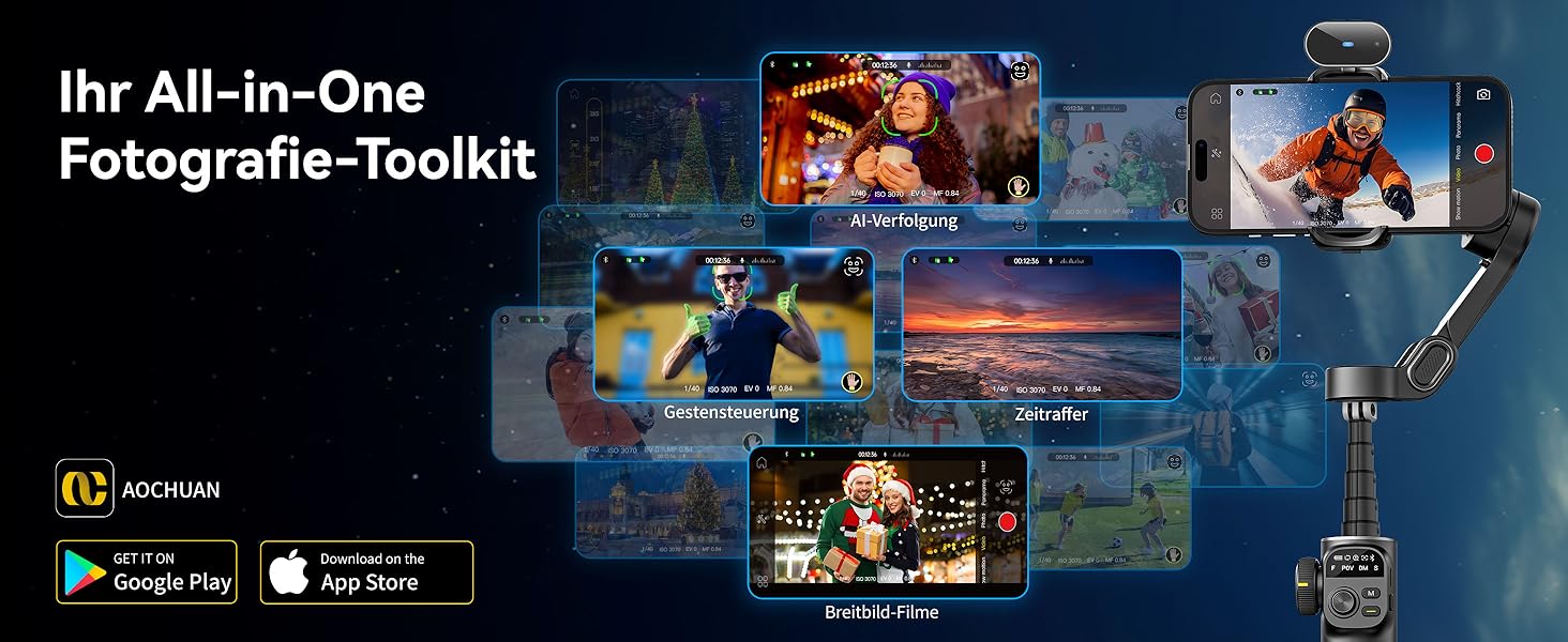 Стабілізатор Gimbal AOCHUAN для iPhone/Android з 7.8-дюймовою штангою та OLED-дисплеєм - 3-осьовий, чорний