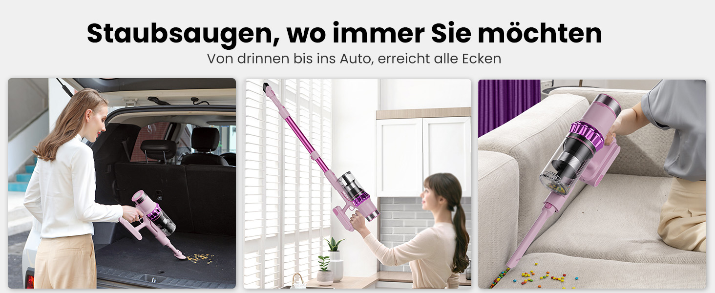 Бездротовий пилосос Belife Akku: потужний, 6-в-1, для тварин, килимів, твердих поверхонь, LED-дисплей, 45 хв роботи, 45000Pa, 550W, безщітковий мотор (рожевий)