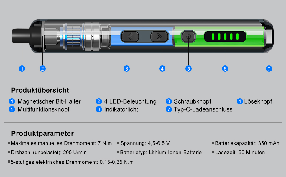 Міні-шуруповерт STREBITO 70-в-1: комплект з 64 бітами, 5 режимів крутного моменту, LED-підсвічуванням, сірий