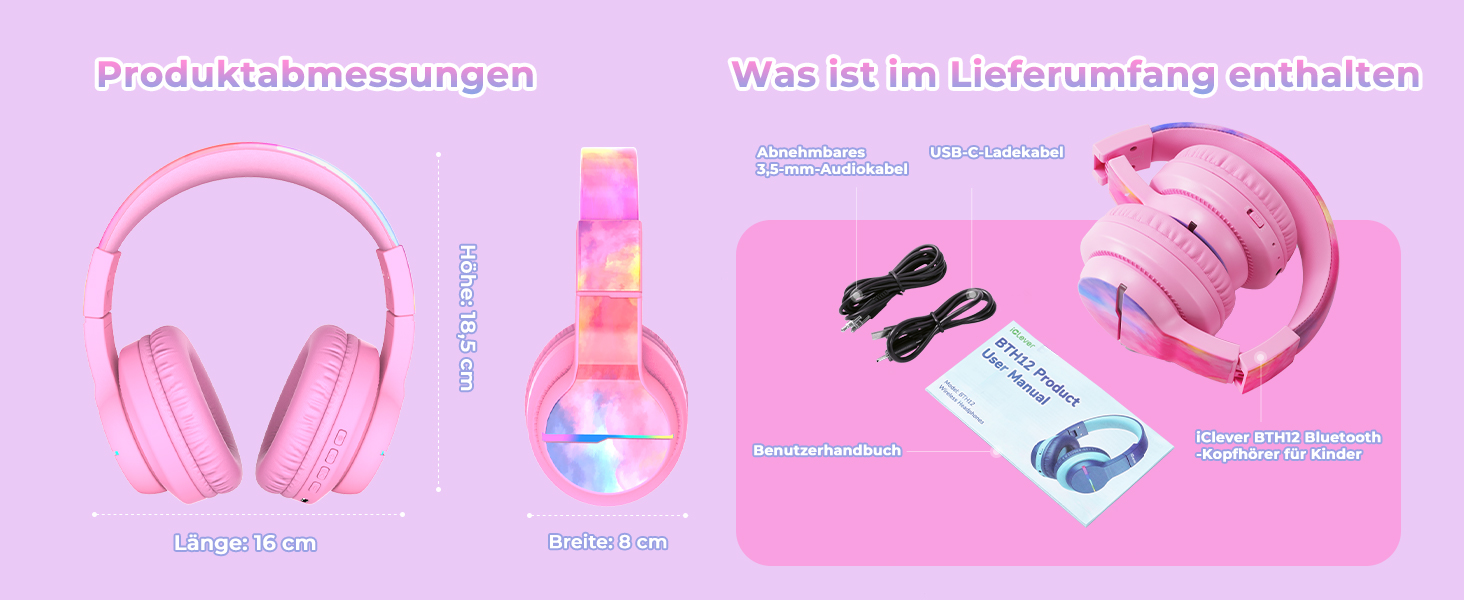 iClever Бездротові навушники для дітей з LED-підсвіткою, Over-Ear, Bluetooth 5.2, мікрофон, BTH12 (Tie-dye рожевий)