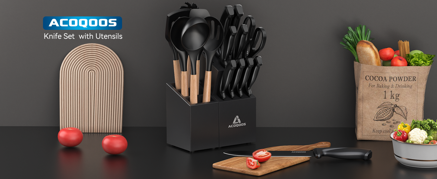 ACOQOOS 14-Piece Knife Block Set with Sharpener - Black Kitchen Knife Set