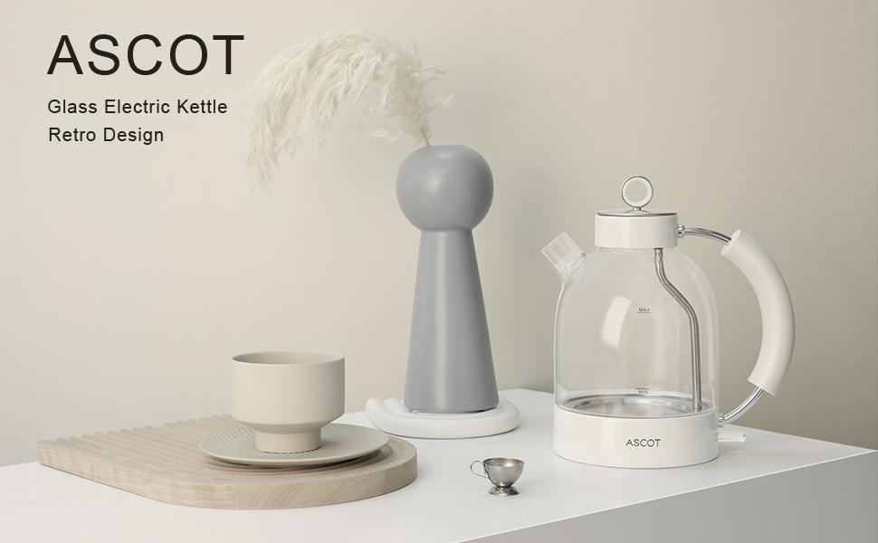 Електричний чайник ASCOT з боросилікатного скла, 2200W, 1.5L, без BPA, тихий, з функцією захисту від сухого кипіння та автоматичним вимкненням, білий