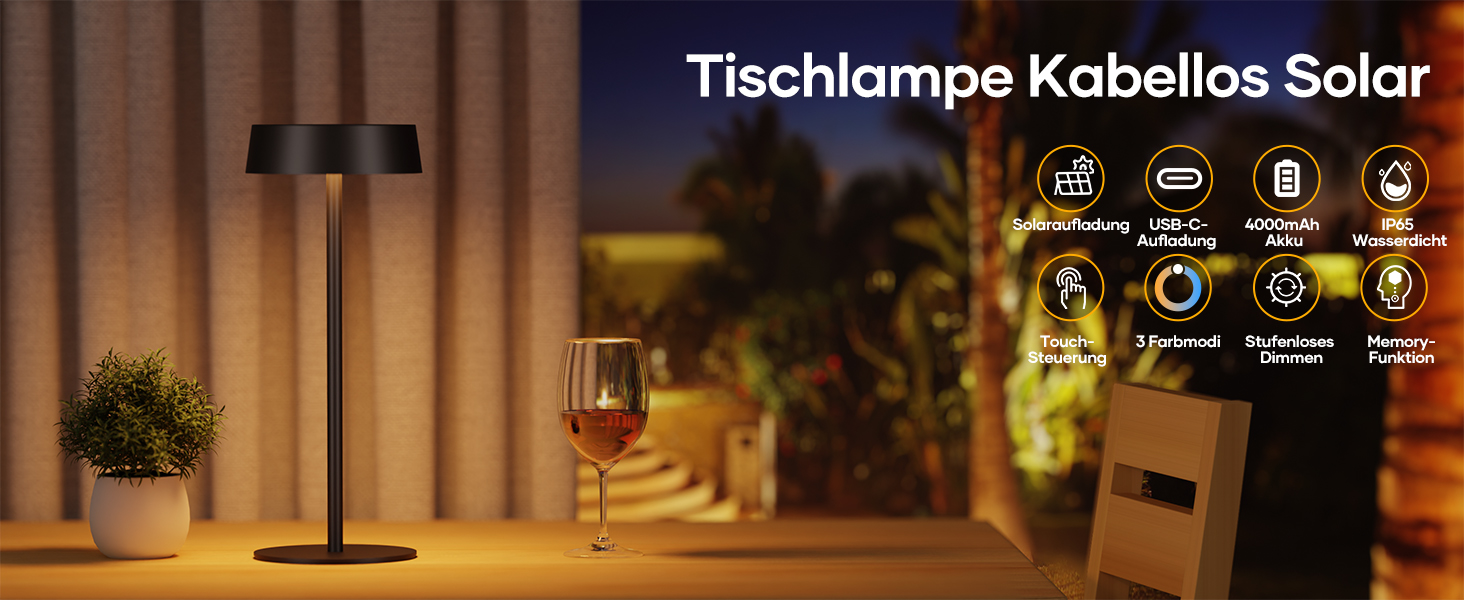 Сонярна LED-лампа Suright настільна бездротова, з USB-C зарядкою, регульована яскравість, 3 режими кольору, IP65 вологостійка, для дому та саду, чорна