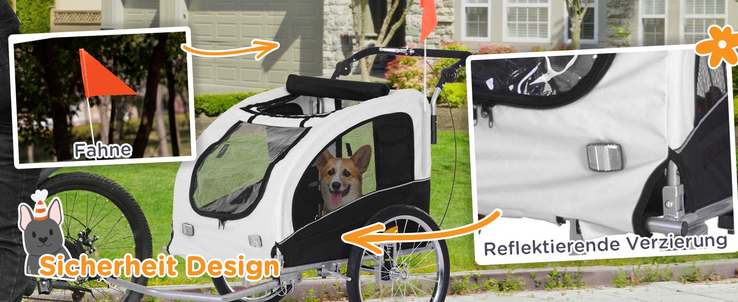 PawHut 2-в-1 Причіп для собак, велосипедний причіп для собак, візок для собак з відбивачами, прапором, причіп для собак PawHut, візок для собак, Oxford-тканина білий/чорний