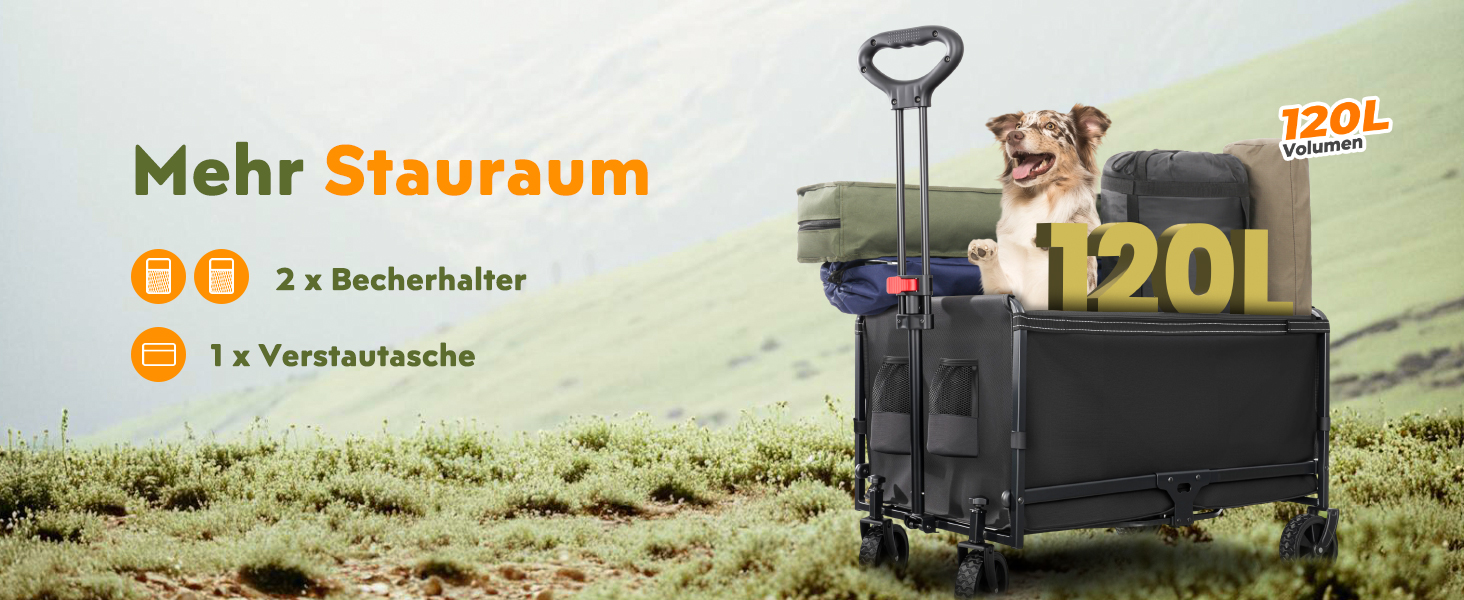 Універсальний складаний візок-болерваген 120л для пляжу, кемпінгу, транспортування речей та собак з захистом від дощу, гальмами та світловідбиваючими смугами