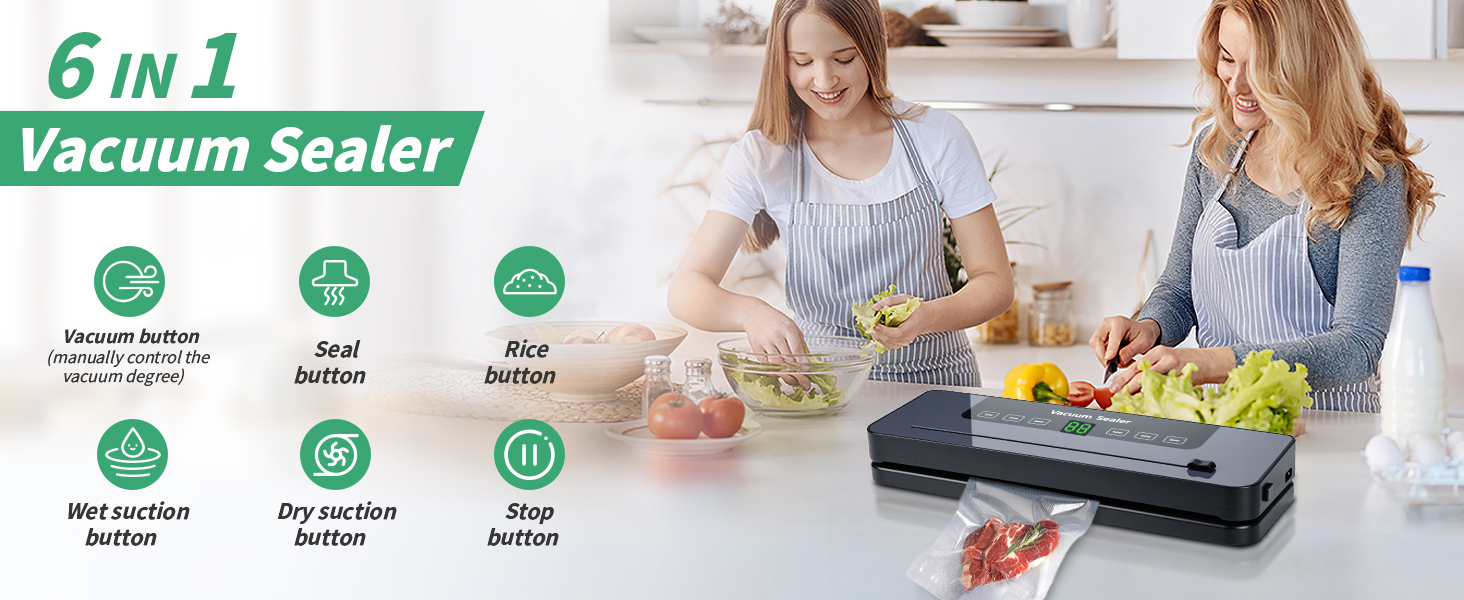 Вакуумний пакувальник 6-в-1 з цифровим LED-дисплеєм та 30 см зварювальною лінією, 50 шт. вакуумних пакетів, зовнішній шланг, для сухих та вологих продуктів, срібла