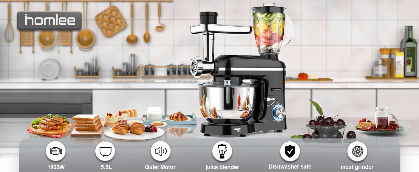 Homlee 3-in-1 Kitchen Machine with 1800W Power - Food Processor, Mixer, Meat Grinder & Juicer with 5.5L Stainless Steel Bowl