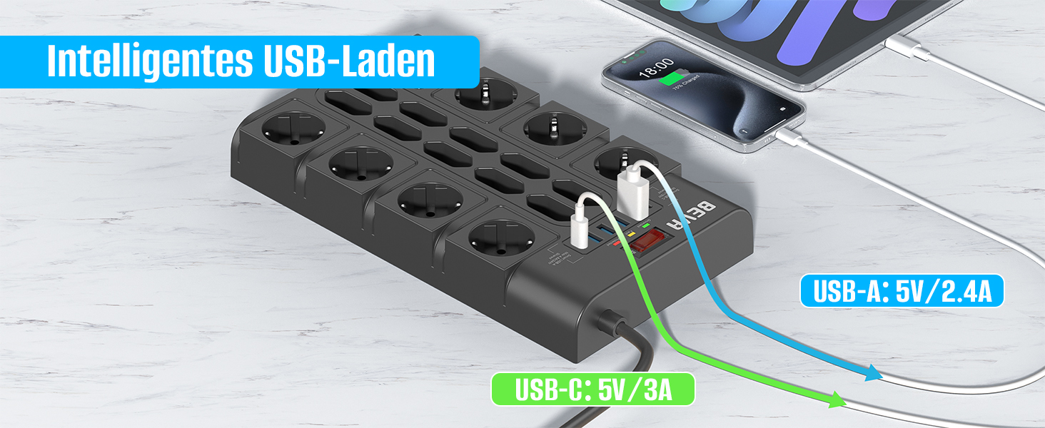 Мережевий фільтр BEVA з 18 розетками, 3680W/16A, захист від перенапруги 2100J, 2 USB-C (15W) + 4 USB-A, з вимикачем, для офісу та дому