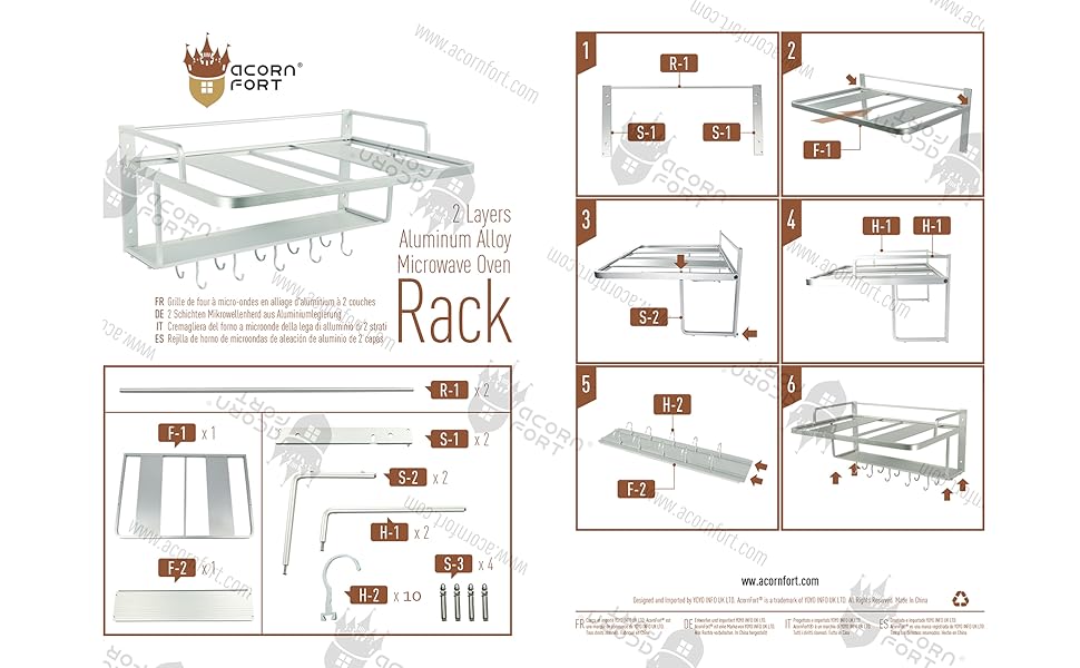 K-101 2-Layer Silver Aluminum Alloy Microwave Rack Oven Stand Kitchen Shelf Holder Wall Mount, Hanging with 10 Hooks