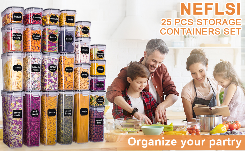 Набір контейнерів для зберігання продуктів 25 елементів (9x0.8L + 6x1.4L + 5x2L + 5x2.8L), герметичні, з кришкою, для кухні, органайзер, пластик, для спагеті, борошна, мюслі, кукурудзяних пластівців