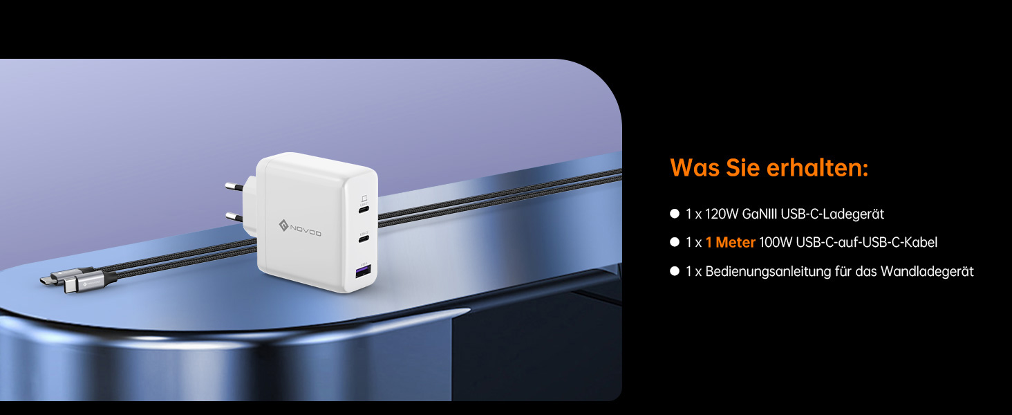 Зарядний пристрій USB-C 120W NOVOO GaN III 3-порти, кабель USB-C PD 100W для MacBook Pro 14