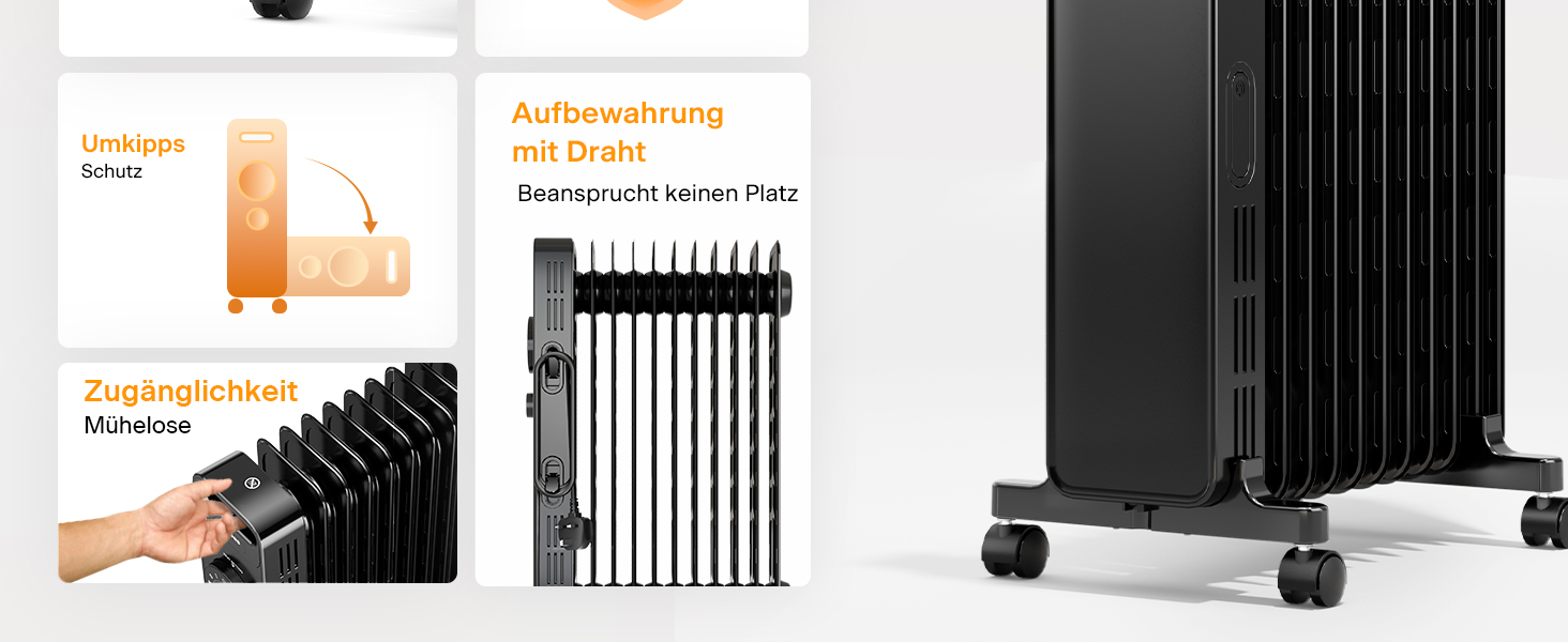 Масляний радіатор PELONIS 2300W з J-подібними ребрами, 3 режими нагріву, термостат, тихий, захист від перекидання, енергоефективність A, для спальні, вітальні, офісу, 11 ребер, чорний (без пульта)