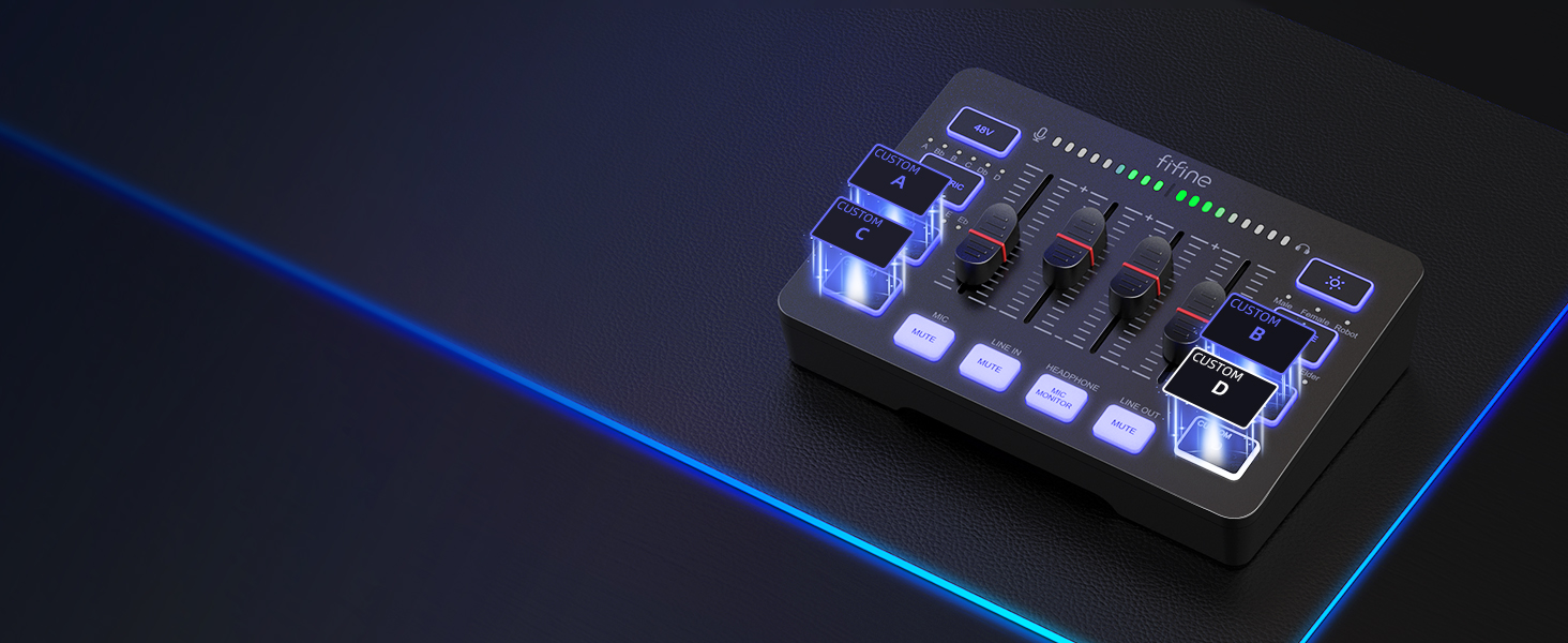 FIFINE ігровий аудіомікшер для ПК, RGB звукова карта для XLR мікрофона, аудіоінтерфейс для стрімінгу та музикантів, мікшерний пульт для геймерів і креаторів, індивідуальне керування, зміна голосу, чорний