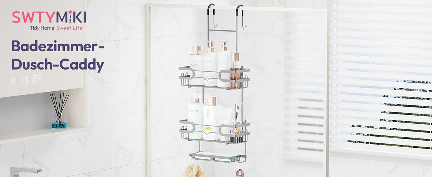 Настінна поличка для душу SWTYMIKI з нержавіючої сталі з 2 кошиками та 2 мильницями, 14 гачків, срібна