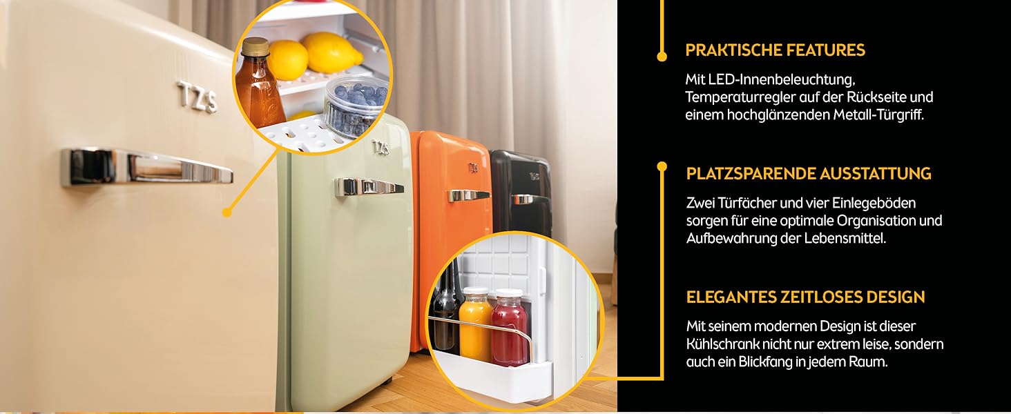 Міні-холодильник TZS First Austria 40L, безшумний, ретро-дизайн, регулювання температури, LED-підсвічування, 2 полиці на дверях + 6 гнучких полиць, м'ятний колір