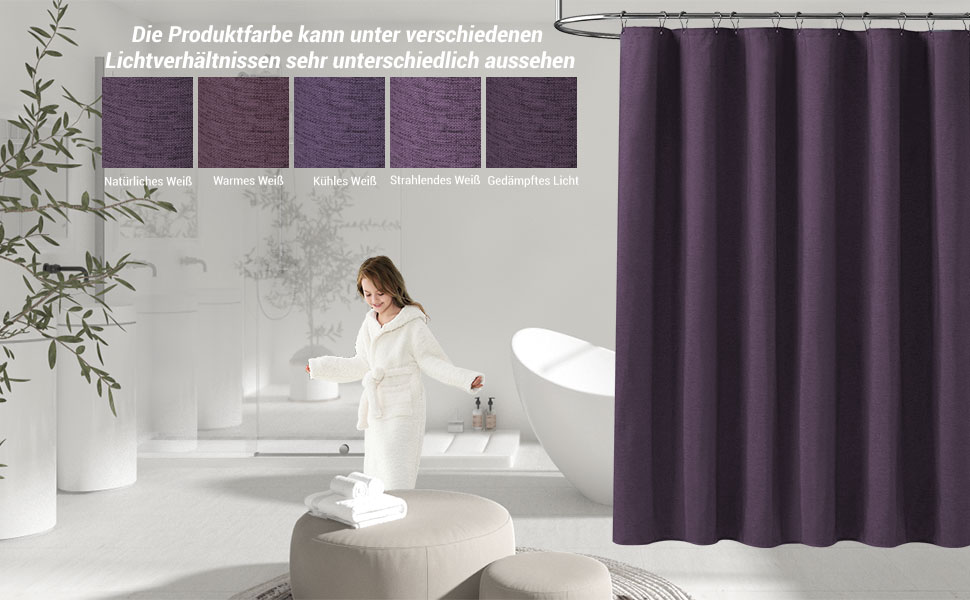 Тканинна шторка для душу BTTN, 180x200 см, льонова текстура, антигрибок, миється, текстиль, 12 гачків, сучасний, водовідштовхуючий, з обтяжувачем, декор, поліестер, кремовий колір (фіолетовий, однотонний, H180 x B180 см (упаковка 1 шт))
