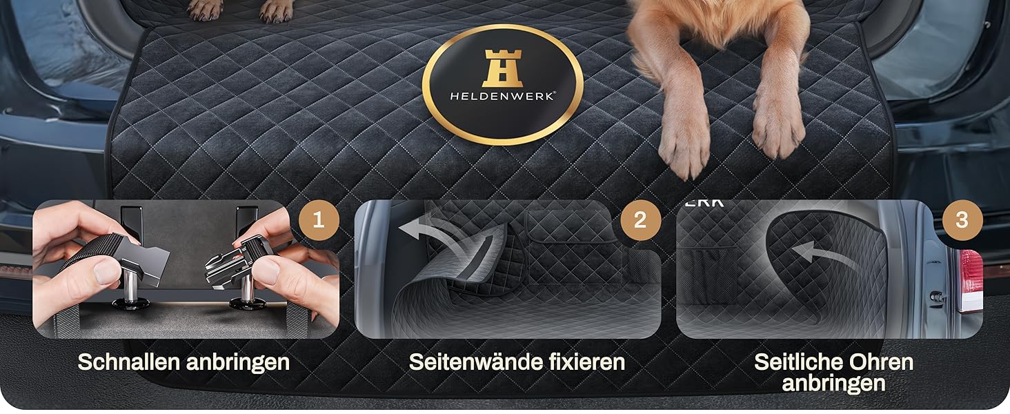 Захист для багажника авто для собак HELDENWERK: водовідштовхуючий, антиковзкий, з захистом бокових панелей та краю, універсальний, чорний (преміум, стеганий)