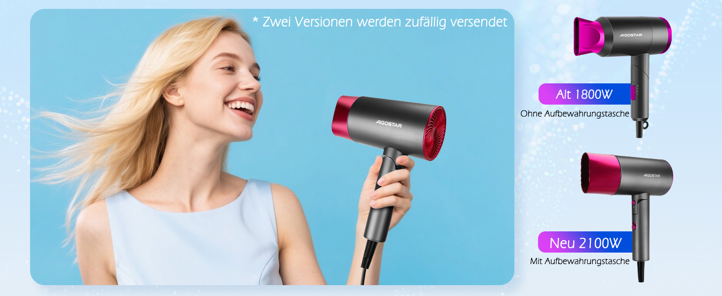 Aigostar Фен для подорожей 2100W з складною ручкою, сірий, з захистом від перегріву, з сумкою