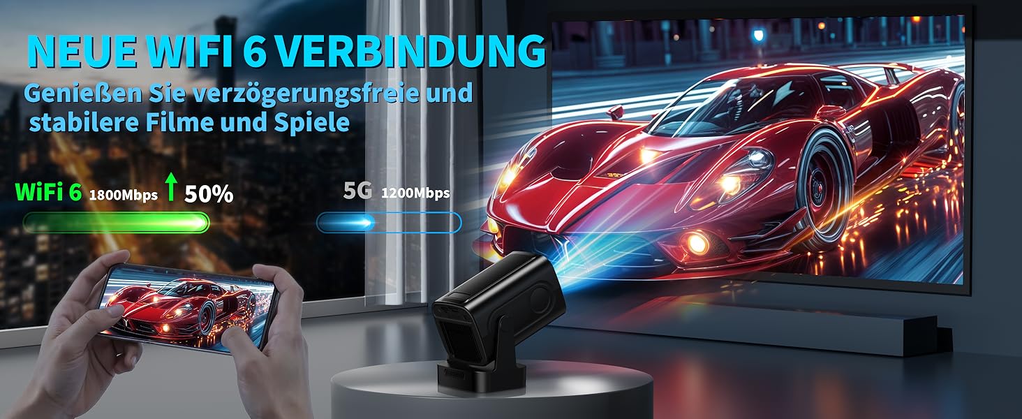 4K проєктор Beamer Full HD 1080P Android, портативний міні-проєктор з Wi-Fi 6 та Bluetooth 5.2, поворотний на 270°, для PC/HDMI/USB, з мишею та пультом, білий (чорний матовий)