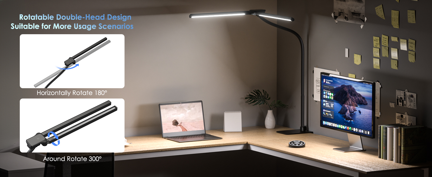 EYOCEAN LED лампа настільна з двома головками, 24W, 80 см, денне світло, з пультом, регулювання яскравості, захист очей, для офісу та дому (матова чорна)