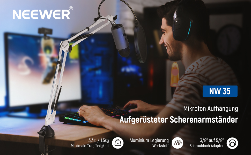 NEEWER Тримач для мікрофона NW-35W - підставка для мікрофона з регульованим кріпленням, сумісна з Blue Yeti, Snowball, Yeti X, Quadcast