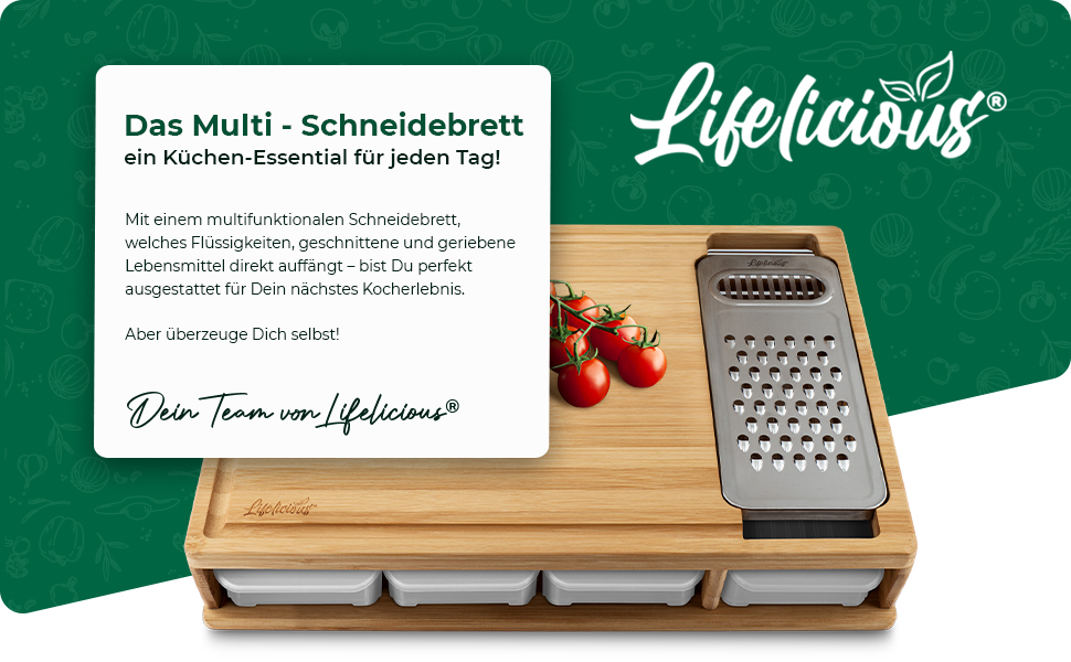 LIFELICIOUS Преміум обробна дошка з контейнерами і теркою з нержавіючої сталі, велика багатофункціональна кухонна дошка з бамбука, контейнери з пластику, підходить для посудомийної машини