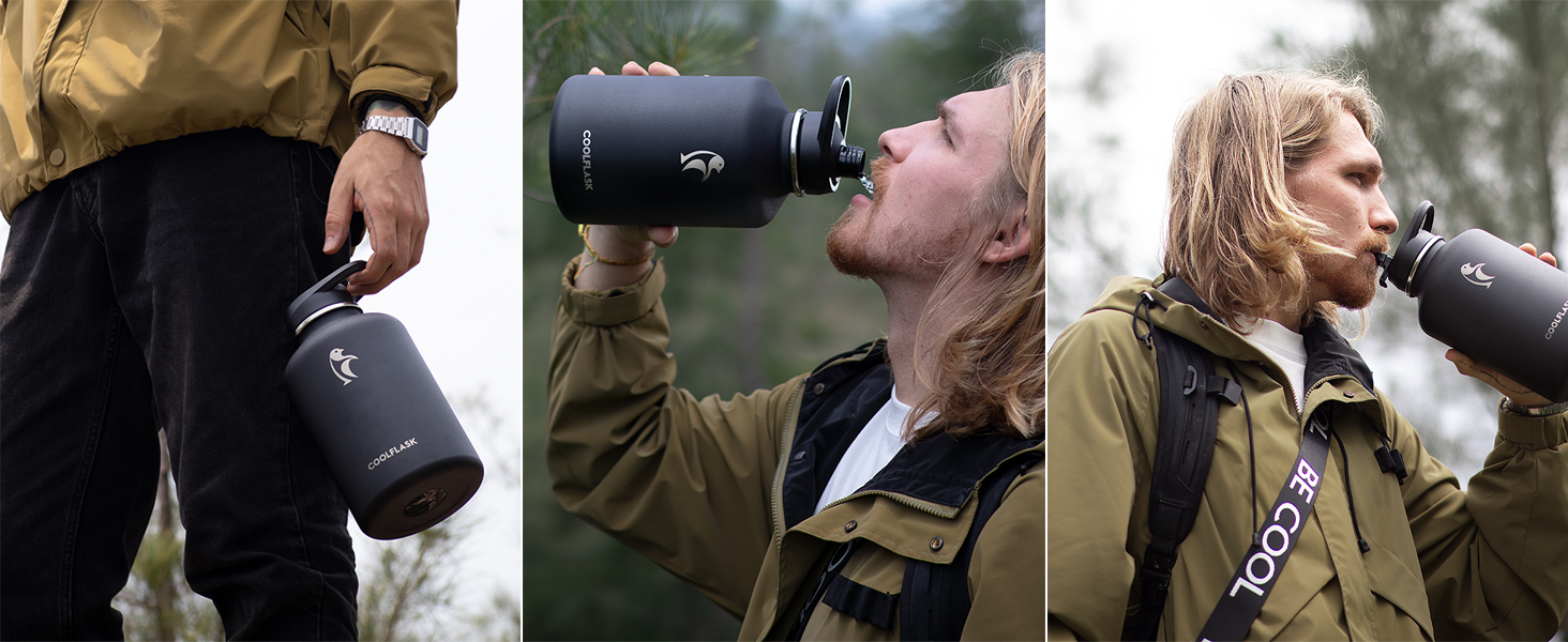Термобутилка Coolflask 2 л з нержавіючої сталі з PU-чохлом, ізольована пляшка для води з кришкою-соломинкою, тримає холод 48 годин і тепло 24 години, Polar Black